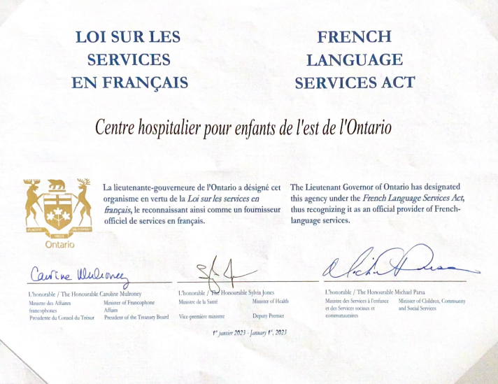 Certificate of CHEO's French Language designation status.