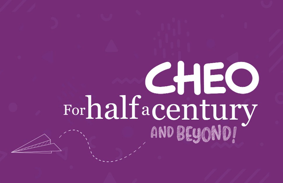 Purple background with text that says "CHEO for half a century and beyond"