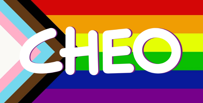 Progress pride flag with the CHEO logo placed over top