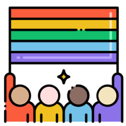 Cartoon icon of people holding up a rainbow banner