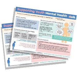 A stack of papers, with the front page of the Supporting Youth Mental Health guide resting on top