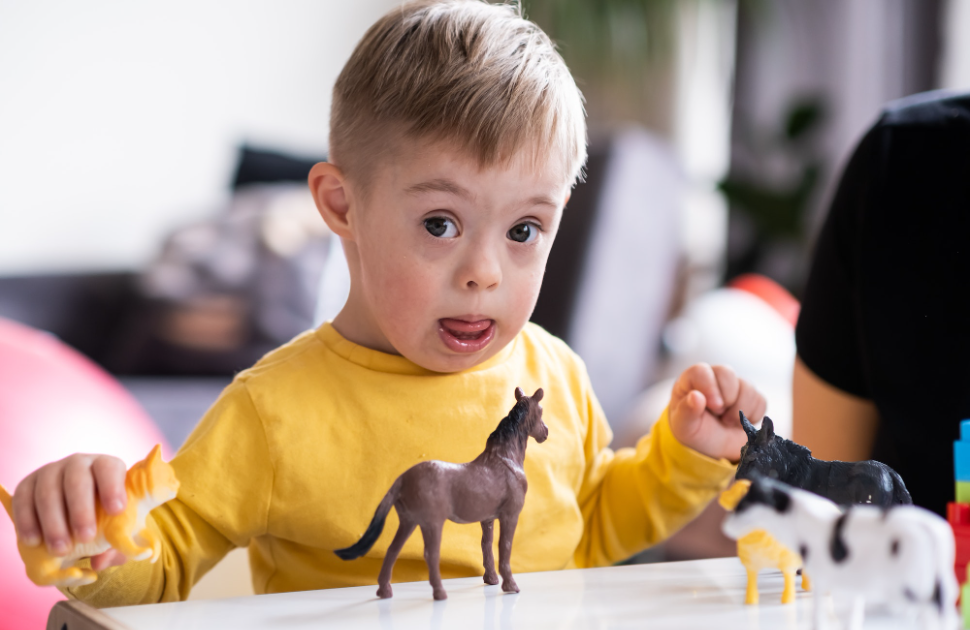 Boy playing with horses