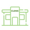 Green cartoon of a building with a sign that reads "CLINIC"
