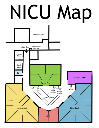 An overhead map of the NICU showing the clerk desk in the centre, with the yellow, pink, blue and green pods around the outside.