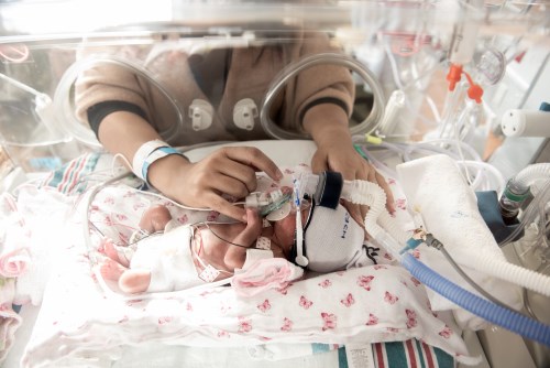 A baby in an isolette, with an adult reaching in to help provide eye and mouth care to the baby.