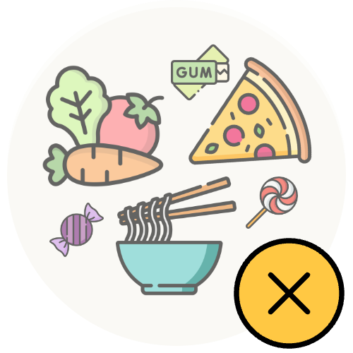 Image showing examples of the fasting guidelines listed below, including pizza, vegetables and candy.