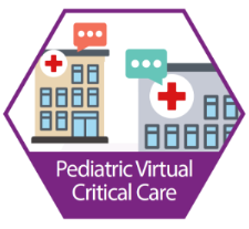 A purple hexagon with text that reads pediatric virtual critical care. In the hexagon there are two hospitals with chat bubbles over top, to show they're talking to each other