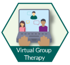 Green hexagon with text that reads virtual group therapy. In the hexagon there is a laptop with people on the screen