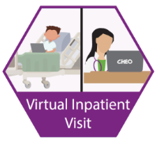 A purple hexagon with text that reads virtual inpatient visits. In the hexagon, a patient is in a hospital bed looking at a laptop, while on the other side a health-care provider is on their laptop to talk with the patient.
