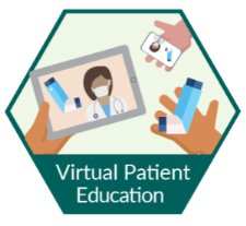 Green hexagon with text that reads virtual patient education. In the hexagon, hands are holding a tablet, cell phone and inhaler