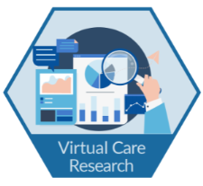 A blue hexagon with text that reads virtual care research. in the hexagon there are papers, charts and a magnifying glass.