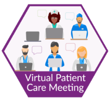 A purple hexagon with text that reads virtual patient care meeting. In the hexagon health-care providers are looking at their laptops