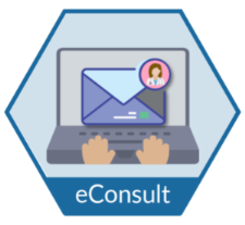 A blue hexagon with text that reads eConsult. In the hexagon is a laptop, on the screen is an envelop