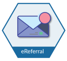 A blue hexagon with text that reads eReferral. In the hexagon is an envelop