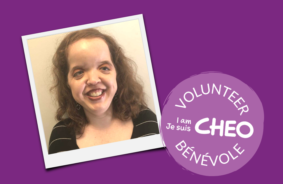 Polaroid image of CHEO Volunteer Sam on purple background, with round logo of CHEO Volunteer program which reads I am CHEO, Je Suis CHEO.