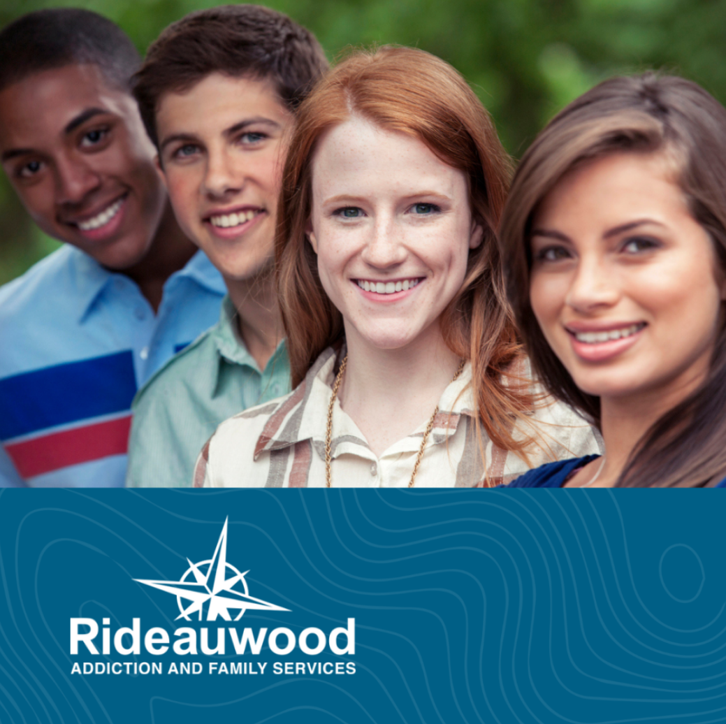 Four people smile at the camera. Rideauwood's logo is at the bottom right.