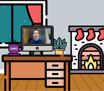 Cartoon of a living room, with a fire place, computer and laptop. Alex Munter appears on the laptop screen.