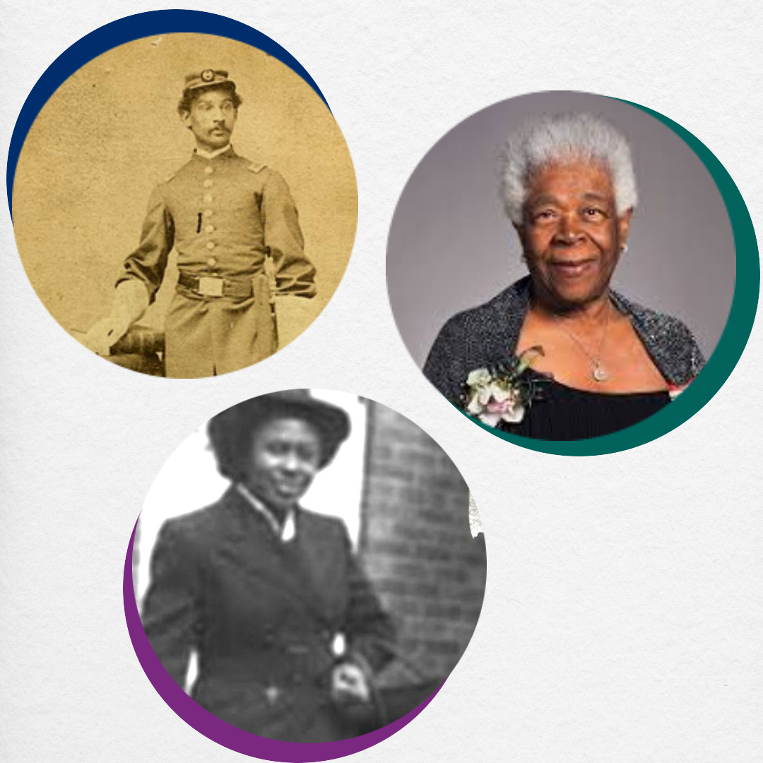 Circles with images of Dr. Anderson Ruffin Abbott, Bernice Redmond and Lillie Johnson who are Black leaders in Canadian Health Care.