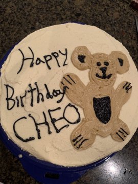 Birthday cake that says 'Happy birthday CHEO'