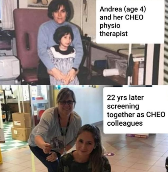 Before and after picture of Dominique and Andrea - the first photo shows Dominique as Andrea's physiotherapist 22 years ago, and the second photo shows them now, reunited as CHEO screeners.