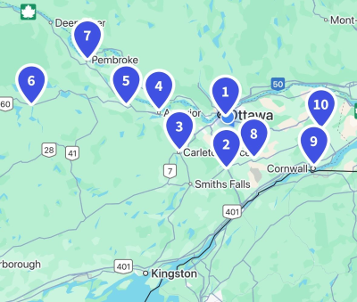 map of eastern ontario with lab sites
