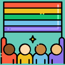 Cartoon icons of a group of four people holding up a rainbow flag