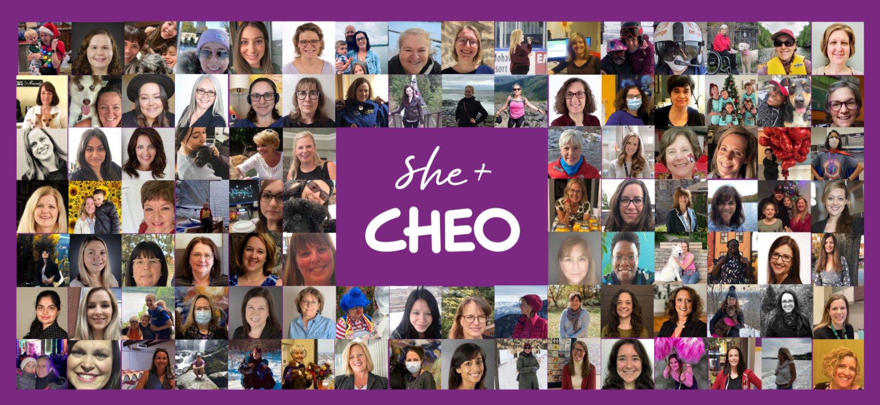A rectangular collage of photos of women of CHEO, on a purple background. In the centre are the words "she + CHEO".