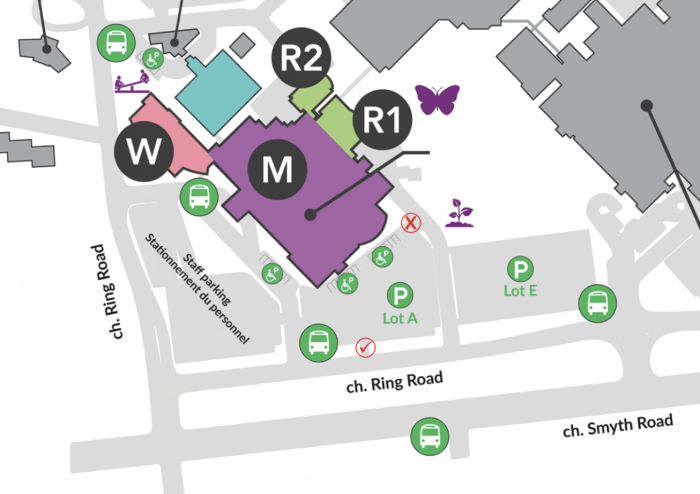 An overhead map of CHEO’s ground floor and parking lots. A red circle with a checkmark is placed over top of the parking lot A entrance off of Ring Road, and a red circle with an x is placed over top of the parking lot entrance closest to the Emergency Department.