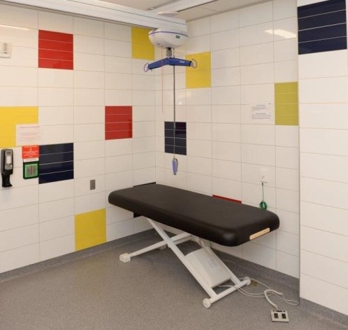 An adult-sized changing table and a ceiling-mounted lift system