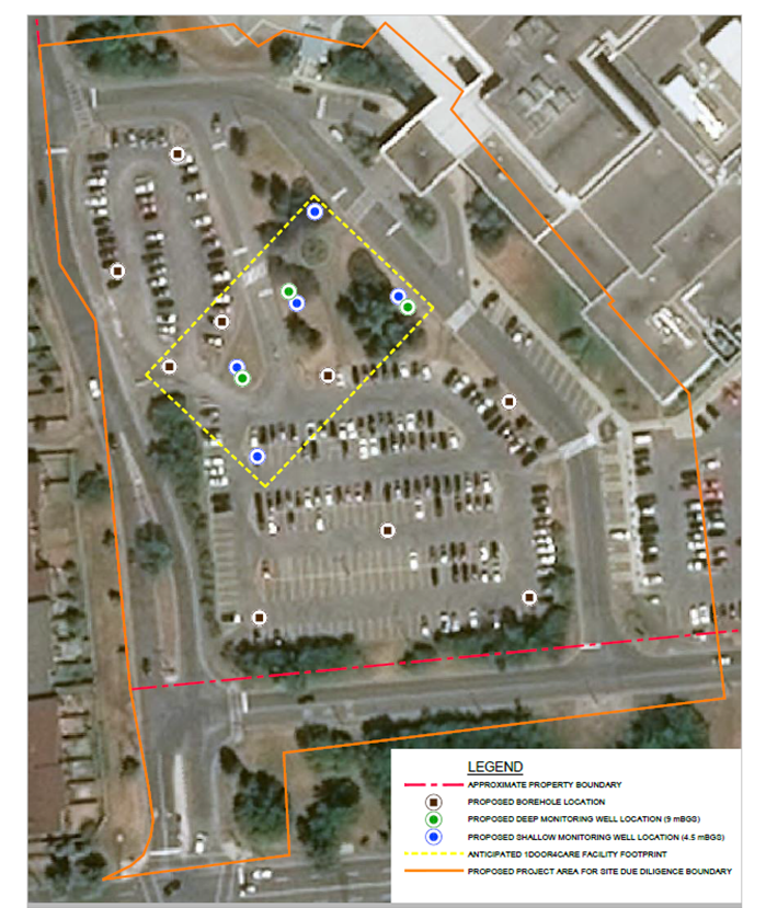 Map of site, outlines areas to be tested, location of drilling.