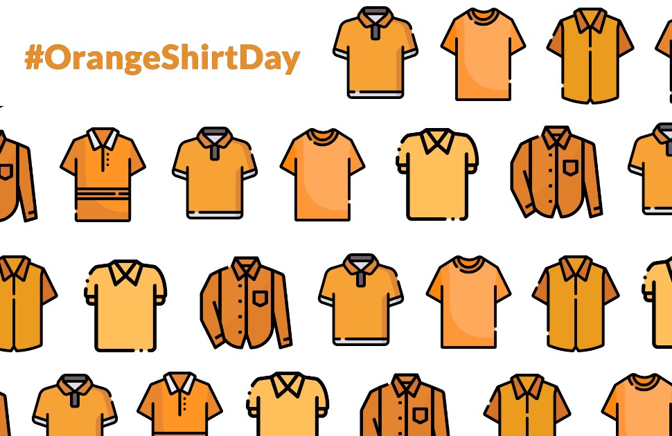 Cartoon orange shirts, with bright orange text that reads Orange Shirt Day