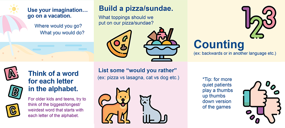 Infographic: use your imagination, go on vacation, build a pizza.sundae, counting, list some would you rathers, think of a word for each letter or alphabet