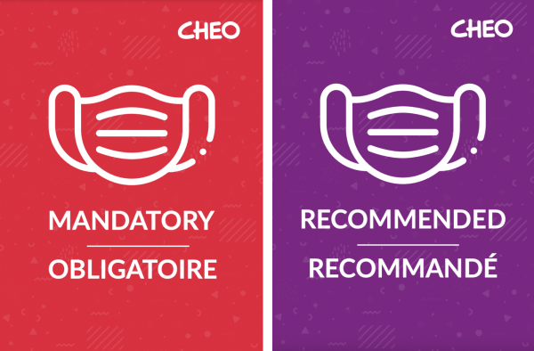 Une affiche expliquant les deux zones de masquage du CHEO : une boîte rouge avec un masque, sous laquelle on peut lire " Obligatoire". À côté, une case violette indique "Recommandé"