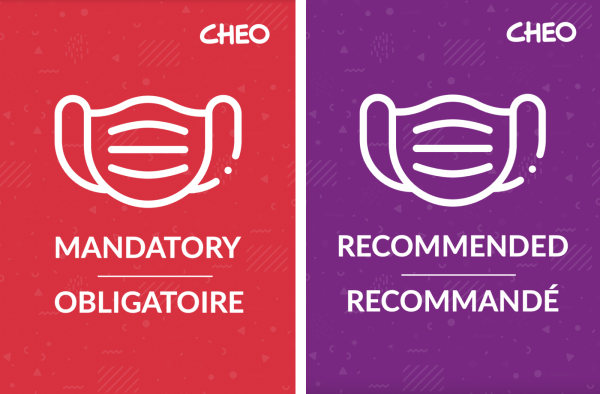 A poster explaining CHEO's 2 masking zones: a red box with a mask, underneath says "Mandatory: Clinical and waiting areas". Next to it is a purple box that says "Recommended: All other areas"