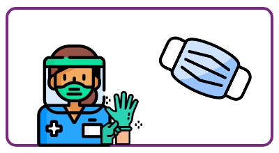 Cartoon of a person wearing a face mask, face shield and rubber gloves