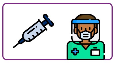 Cartoon of vaccine needle and a staff wearing a face mask and face shield