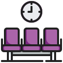 Cartoon of purple chairs in a waiting room, with a clock on the wall above them