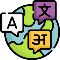 Cartoon of an earth with speech bubbles showing different languages